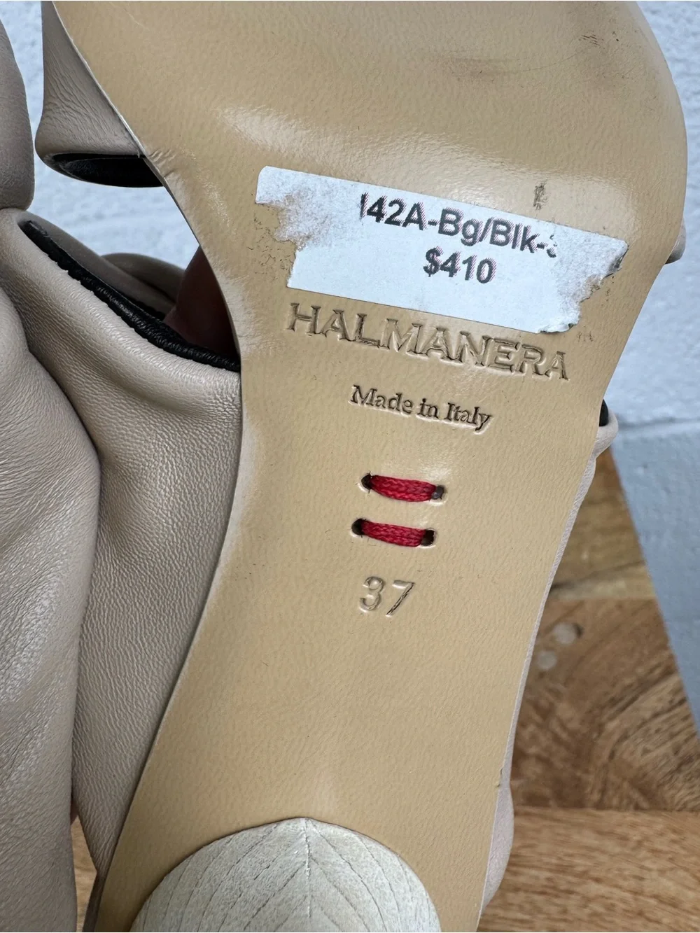 Halmanera Italy Leather Twist Knot Heeled Sandals Beige Black Size 37